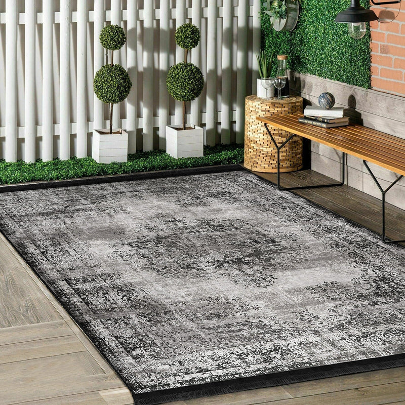 Gri Damask Motifli Kilim Desenli Eskitme Motifli Etnik Dijital Baskılı Makinede Yıkanabilir Saçaklı Halı
