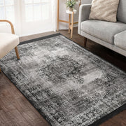Gri Damask Motifli Kilim Desenli Eskitme Motifli Etnik Dijital Baskılı Makinede Yıkanabilir Saçaklı Halı