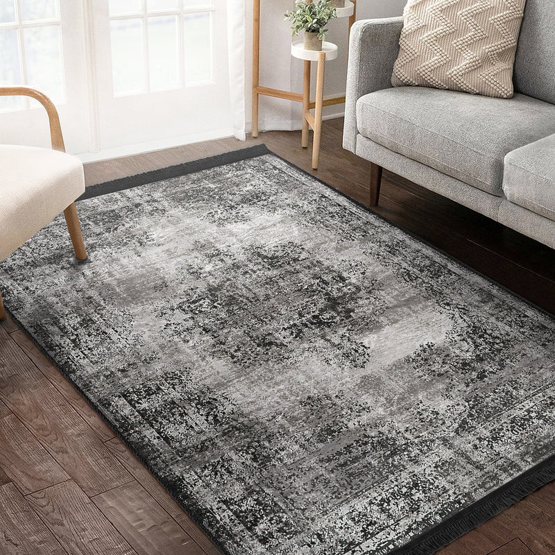 Gri Damask Motifli Kilim Desenli Eskitme Motifli Etnik Dijital Baskılı Makinede Yıkanabilir Saçaklı Halı
