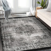 Gri Damask Motifli Kilim Desenli Eskitme Motifli Etnik Dijital Baskılı Makinede Yıkanabilir Saçaklı Halı