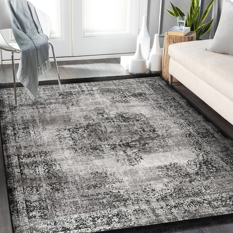 Gri Damask Motifli Kilim Desenli Eskitme Motifli Etnik Dijital Baskılı Makinede Yıkanabilir Saçaklı Halı