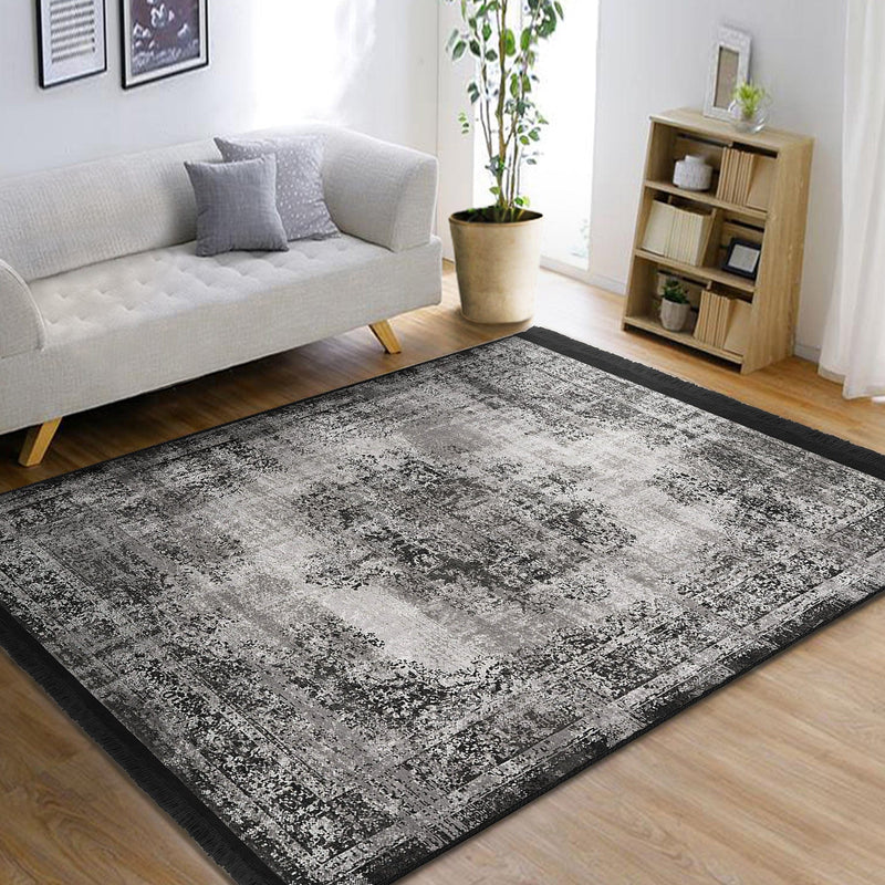 Gri Damask Motifli Kilim Desenli Eskitme Motifli Etnik Dijital Baskılı Makinede Yıkanabilir Saçaklı Halı