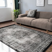 Gri Damask Motifli Kilim Desenli Eskitme Motifli Etnik Dijital Baskılı Makinede Yıkanabilir Saçaklı Halı