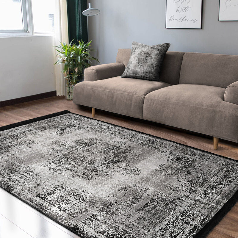 Gri Damask Motifli Kilim Desenli Eskitme Motifli Etnik Dijital Baskılı Makinede Yıkanabilir Saçaklı Halı