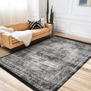 Gri Damask Motifli Kilim Desenli Eskitme Motifli Etnik Dijital Baskılı Makinede Yıkanabilir Saçaklı Halı