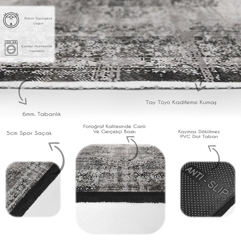 Gri Damask Motifli Kilim Desenli Eskitme Motifli Etnik Motifler Salon Oturma Odası Koridor Antre Dijital Baskılı Makinede Yıkanabilir Saçaklı Halı Bonvagon