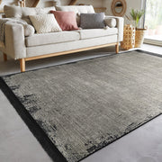 Gri El Dokuma Motifli Antika Desenli Eskitme Dijital Baskılı Makinede Yıkanabilir Saçaklı Halı Bonvagon