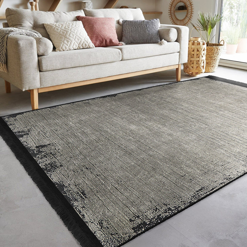 Gri El Dokuma Motifli Antika Desenli Eskitme Dijital Baskılı Makinede Yıkanabilir Saçaklı Halı Bonvagon