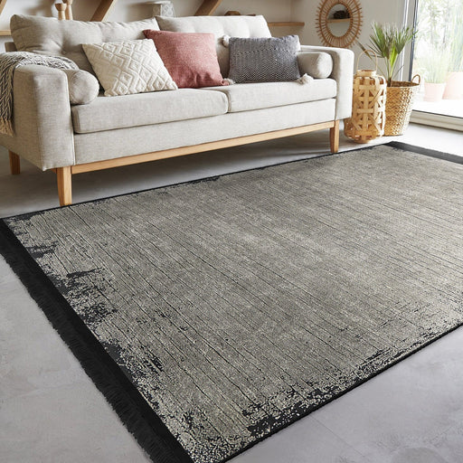 Gri El Dokuma Motifli Antika Desenli Eskitme Dijital Baskılı Makinede Yıkanabilir Saçaklı Halı Bonvagon