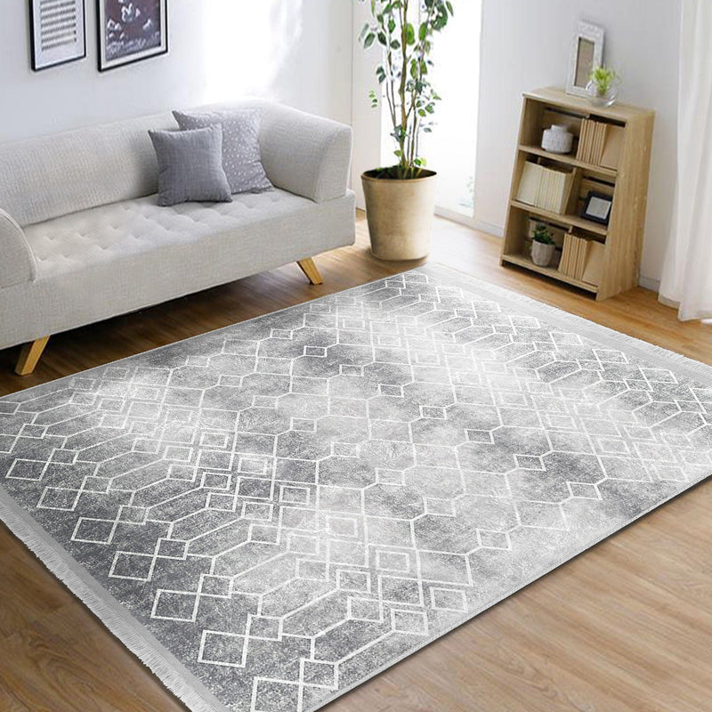 Gri Etnik Motifli Geleneksel Desenli Geometrik Eskitme Motifli Dijital Baskılı Makinede Yıkanabilir Saçaklı Halı