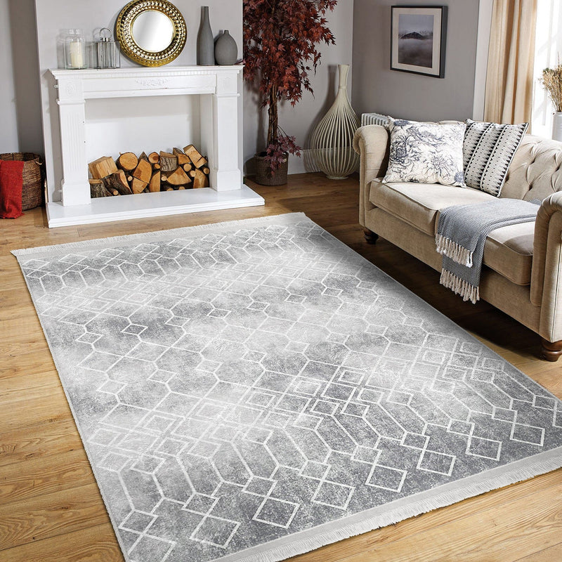 Gri Etnik Motifli Geleneksel Desenli Geometrik Eskitme Motifli Salon Oturma Odası Koridor Antre Dijital Baskılı Makinede Yıkanabilir Saçaklı Halı Bonvagon