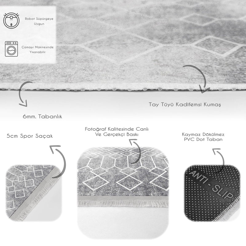 Gri Etnik Motifli Geleneksel Desenli Geometrik Eskitme Motifli Salon Oturma Odası Koridor Antre Dijital Baskılı Makinede Yıkanabilir Saçaklı Halı Bonvagon