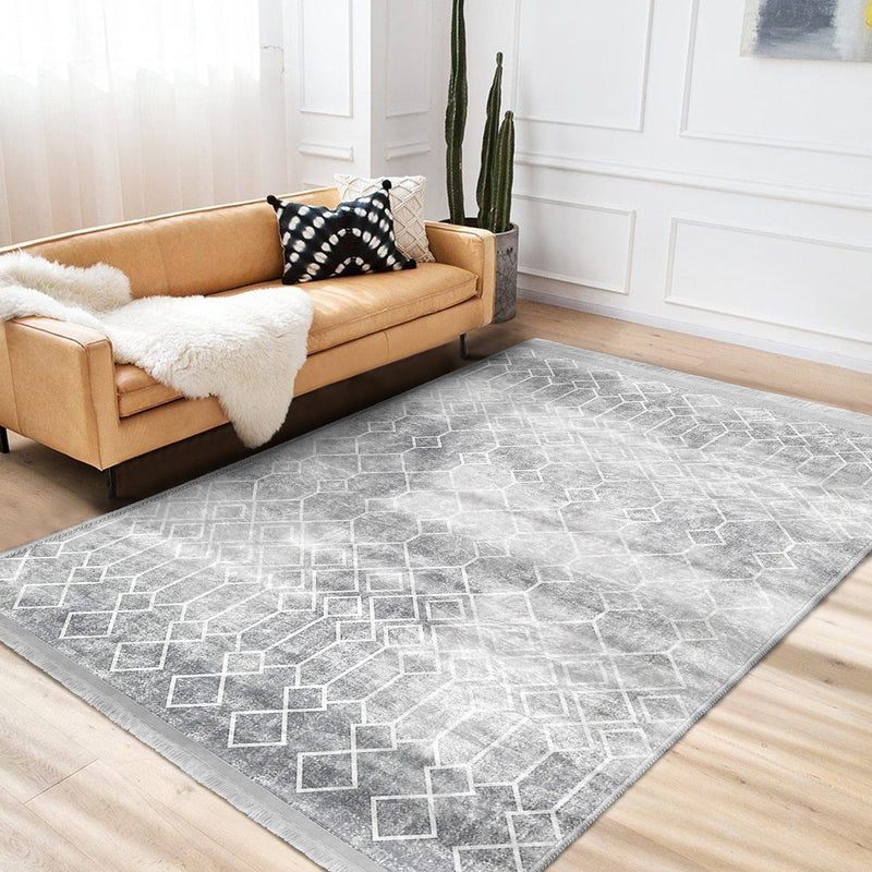 Gri Etnik Motifli Geleneksel Desenli Geometrik Eskitme Motifli Salon Oturma Odası Koridor Antre Dijital Baskılı Makinede Yıkanabilir Saçaklı Halı Bonvagon