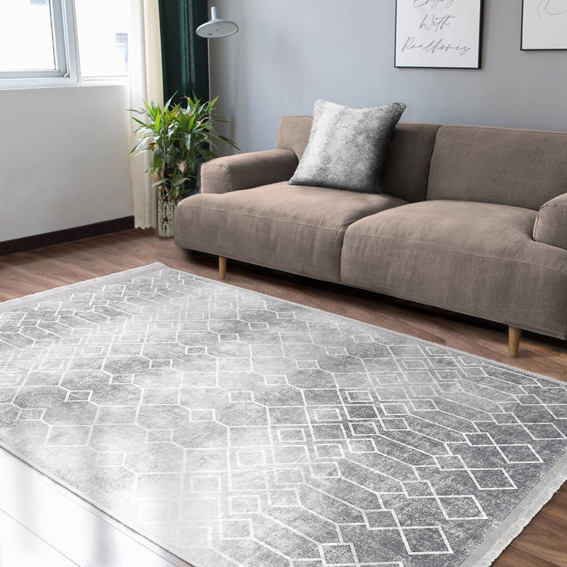 Gri Etnik Motifli Geleneksel Desenli Geometrik Eskitme Motifli Salon Oturma Odası Koridor Antre Dijital Baskılı Makinede Yıkanabilir Saçaklı Halı Bonvagon