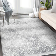 Gri Etnik Motifli Geleneksel Desenli Geometrik Eskitme Motifli Salon Oturma Odası Koridor Antre Dijital Baskılı Makinede Yıkanabilir Saçaklı Halı Bonvagon