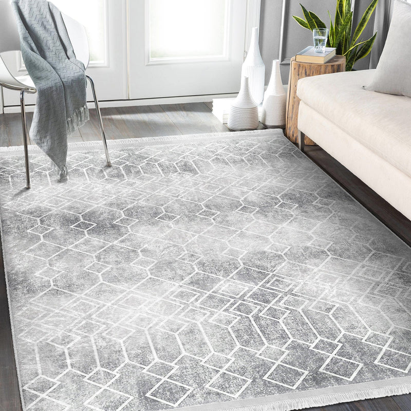 Gri Etnik Motifli Geleneksel Desenli Geometrik Eskitme Motifli Salon Oturma Odası Koridor Antre Dijital Baskılı Makinede Yıkanabilir Saçaklı Halı Bonvagon