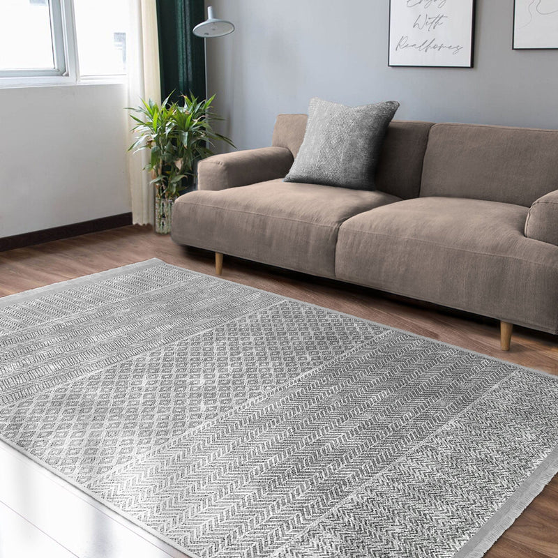 Gri Etnik Motifli Geleneksel Desenli Geometrik Klasik Koridor Antre Salon Oturma Odası Dijital Baskılı Makinede Yıkanabilir Saçaklı Halı Bonvagon