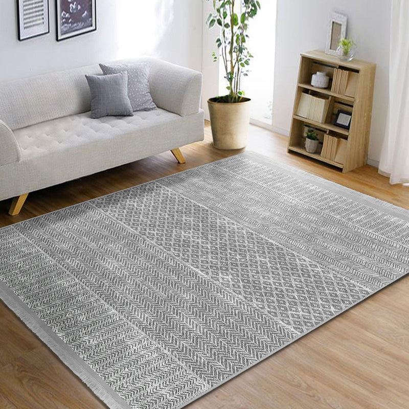 Gri Etnik Motifli Geleneksel Desenli Geometrik Klasik Koridor Antre Salon Oturma Odası Dijital Baskılı Makinede Yıkanabilir Saçaklı Halı Bonvagon