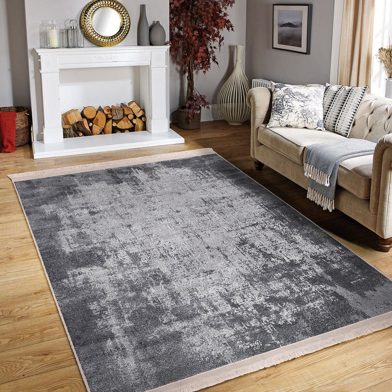 Gri - Füme Dokuma Motifli Eskitme Motifli Dijital Baskılı Makinede Yıkanabilir Saçaklı Halı Bonvagon