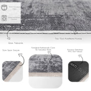 Gri - Füme Dokuma Motifli Eskitme Motifli Dijital Baskılı Makinede Yıkanabilir Saçaklı Halı Bonvagon