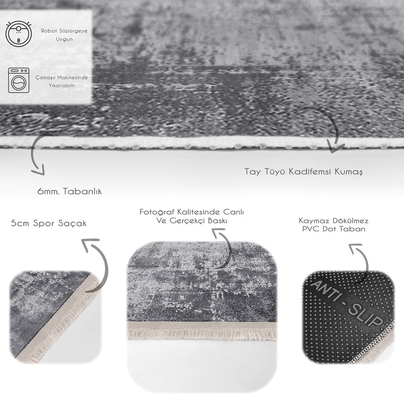 Gri - Füme Dokuma Motifli Eskitme Motifli Dijital Baskılı Makinede Yıkanabilir Saçaklı Halı Bonvagon