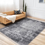 Gri - Füme Dokuma Motifli Eskitme Motifli Dijital Baskılı Makinede Yıkanabilir Saçaklı Halı Bonvagon