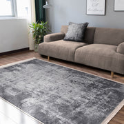 Gri - Füme Dokuma Motifli Eskitme Motifli Dijital Baskılı Makinede Yıkanabilir Saçaklı Halı Bonvagon