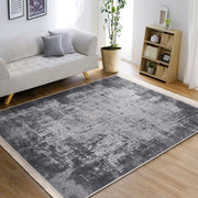 Gri - Füme Dokuma Motifli Eskitme Motifli Dijital Baskılı Makinede Yıkanabilir Saçaklı Halı Bonvagon