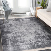 Gri - Füme Dokuma Motifli Eskitme Motifli Dijital Baskılı Makinede Yıkanabilir Saçaklı Halı Bonvagon