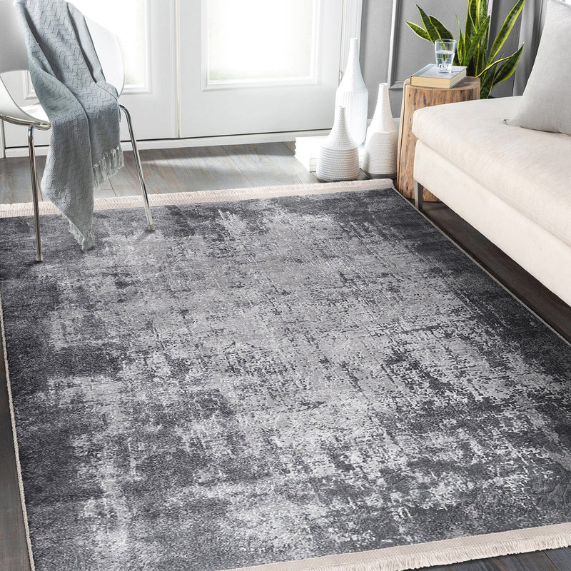 Gri - Füme Dokuma Motifli Eskitme Motifli Dijital Baskılı Makinede Yıkanabilir Saçaklı Halı Bonvagon