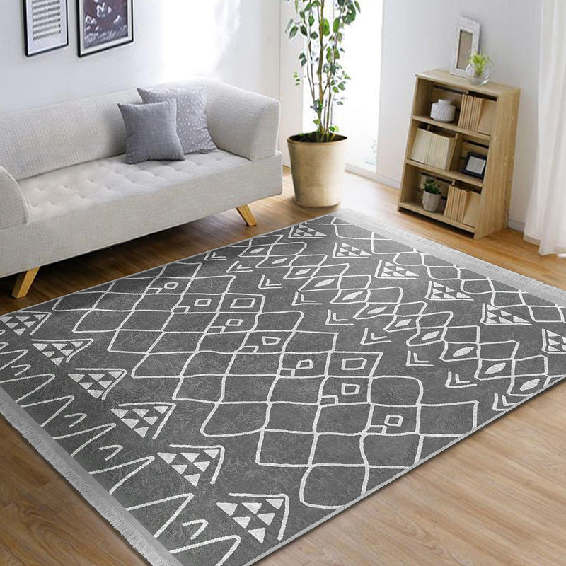 Gri Geleneksel Motifli Etnik Desenli Etnik Motifler Vintage Salon Oturma Odası Koridor Antre Dijital Baskılı Makinede Yıkanabilir Saçaklı Halı Bonvagon