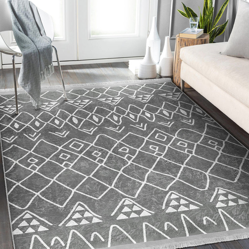 Gri Geleneksel Motifli Etnik Desenli Etnik Motifler Vintage Salon Oturma Odası Koridor Antre Dijital Baskılı Makinede Yıkanabilir Saçaklı Halı Bonvagon