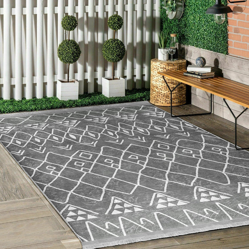 Gri Geleneksel Motifli Etnik Desenli Etnik Motifler Vintage Salon Oturma Odası Koridor Antre Dijital Baskılı Makinede Yıkanabilir Saçaklı Halı Bonvagon