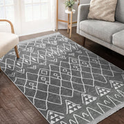 Gri Geleneksel Motifli Etnik Desenli Etnik Motifler Vintage Salon Oturma Odası Koridor Antre Dijital Baskılı Makinede Yıkanabilir Saçaklı Halı Bonvagon