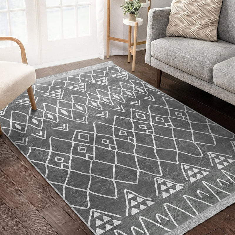 Gri Geleneksel Motifli Etnik Desenli Etnik Motifler Vintage Salon Oturma Odası Koridor Antre Dijital Baskılı Makinede Yıkanabilir Saçaklı Halı Bonvagon