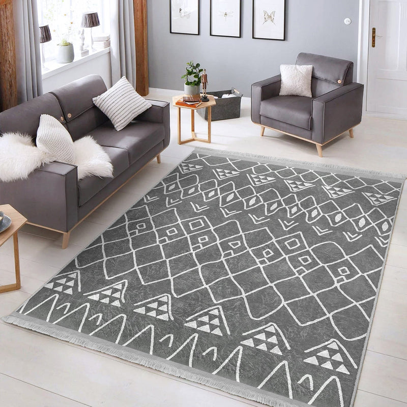 Gri Geleneksel Motifli Etnik Desenli Etnik Motifler Vintage Salon Oturma Odası Koridor Antre Dijital Baskılı Makinede Yıkanabilir Saçaklı Halı Bonvagon