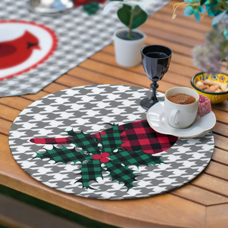 Gri Kazayağı Zeminli Ekose Kuş Motifli 6+1 Supla Runner Seti