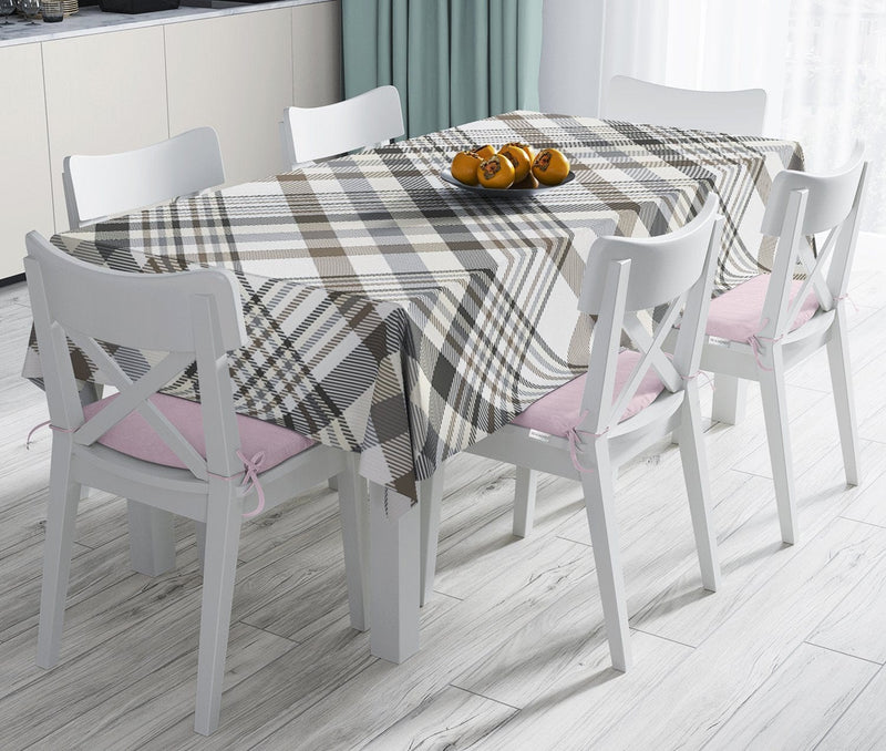 Gri Krem Ekose Desenli Dijital Baskılı Dekoratif Leke Tutmaz Masa Örtüsü Bonvagon