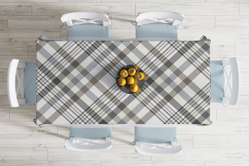 Gri Krem Ekose Desenli Dijital Baskılı Dekoratif Leke Tutmaz Masa Örtüsü Bonvagon