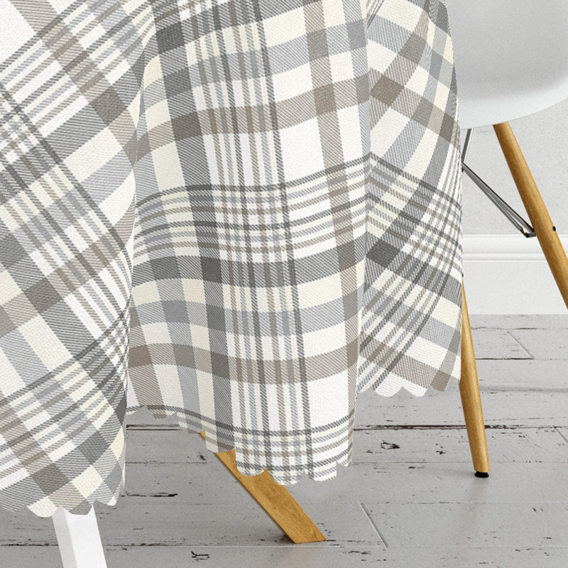 Gri Krem Ekose Desenli Dijital Baskılı Dekoratif Leke Tutmaz Masa Örtüsü Bonvagon