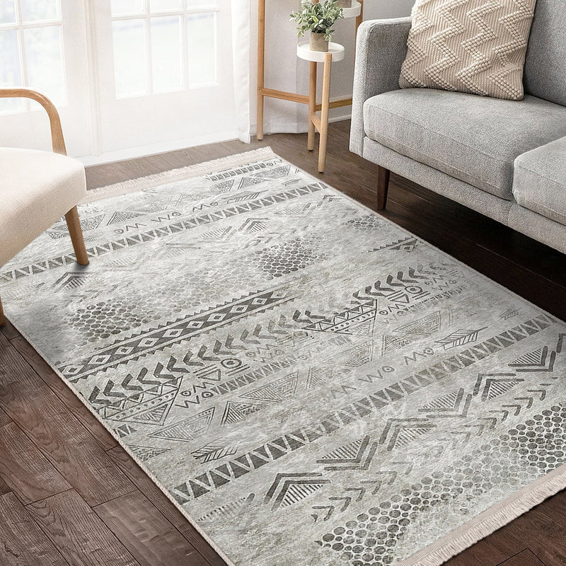 Gri - Krem Etnik Motifli Tribal Desenli Eskitme Motifli Geometrik Mutfak Dijital Baskılı Makinede Yıkanabilir Saçaklı Halı