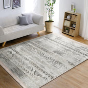 Gri - Krem Etnik Motifli Tribal Desenli Eskitme Motifli Geometrik Mutfak Dijital Baskılı Makinede Yıkanabilir Saçaklı Halı