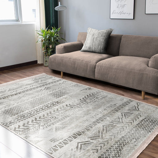 Gri - Krem Etnik Motifli Tribal Desenli Eskitme Motifli Geometrik Mutfak Dijital Baskılı Makinede Yıkanabilir Saçaklı Halı