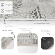 Gri - Krem Etnik Motifli Tribal Desenli Eskitme Motifli Geometrik Salon Oturma Odası Mutfak Dijital Baskılı Makinede Yıkanabilir Saçaklı Halı Bonvagon