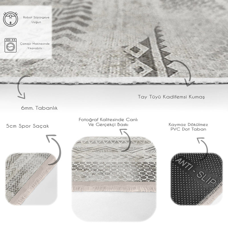 Gri - Krem Etnik Motifli Tribal Desenli Eskitme Motifli Geometrik Salon Oturma Odası Mutfak Dijital Baskılı Makinede Yıkanabilir Saçaklı Halı Bonvagon