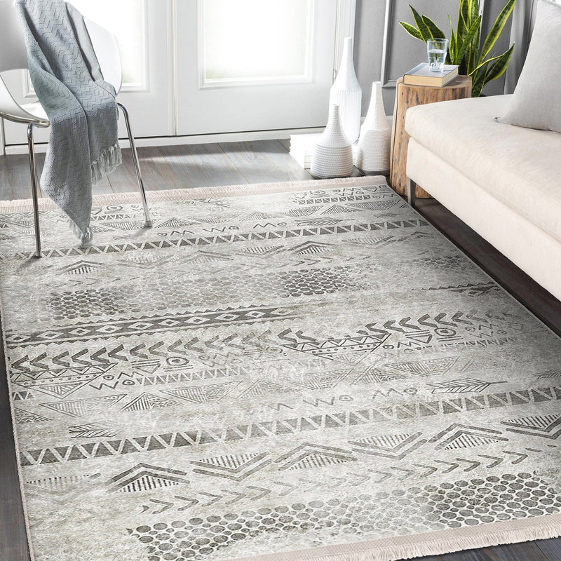 Gri - Krem Etnik Motifli Tribal Desenli Eskitme Motifli Geometrik Salon Oturma Odası Mutfak Dijital Baskılı Makinede Yıkanabilir Saçaklı Halı Bonvagon