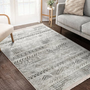 Gri - Krem Etnik Motifli Tribal Desenli Eskitme Motifli Geometrik Salon Oturma Odası Mutfak Dijital Baskılı Makinede Yıkanabilir Saçaklı Halı Bonvagon