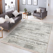 Gri - Krem Etnik Motifli Tribal Desenli Eskitme Motifli Geometrik Salon Oturma Odası Mutfak Dijital Baskılı Makinede Yıkanabilir Saçaklı Halı Bonvagon