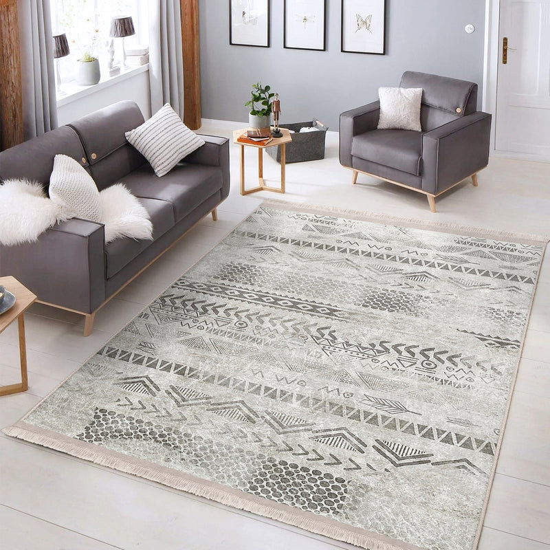 Gri - Krem Etnik Motifli Tribal Desenli Eskitme Motifli Geometrik Salon Oturma Odası Mutfak Dijital Baskılı Makinede Yıkanabilir Saçaklı Halı Bonvagon