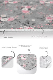 Gri Pembe Zemin Gül Özel Tasarımlı 2li Halı Takımı Kaymaz Taban Yıkanabilir Bonvagon